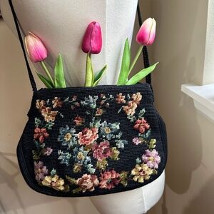 Needlepoint Handbag w/ Floral Design on Black, Braided Shoulder Strap c1950s